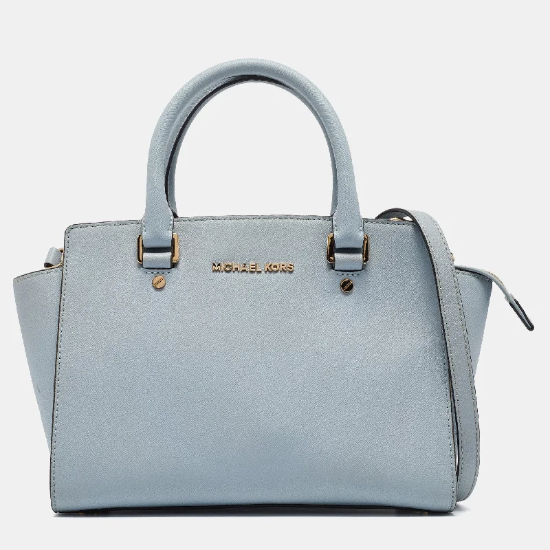 Michael Michael Kors Bags with gold - tone hardware for a touch of luxuryLight Blue Leather Medium Selma Tote