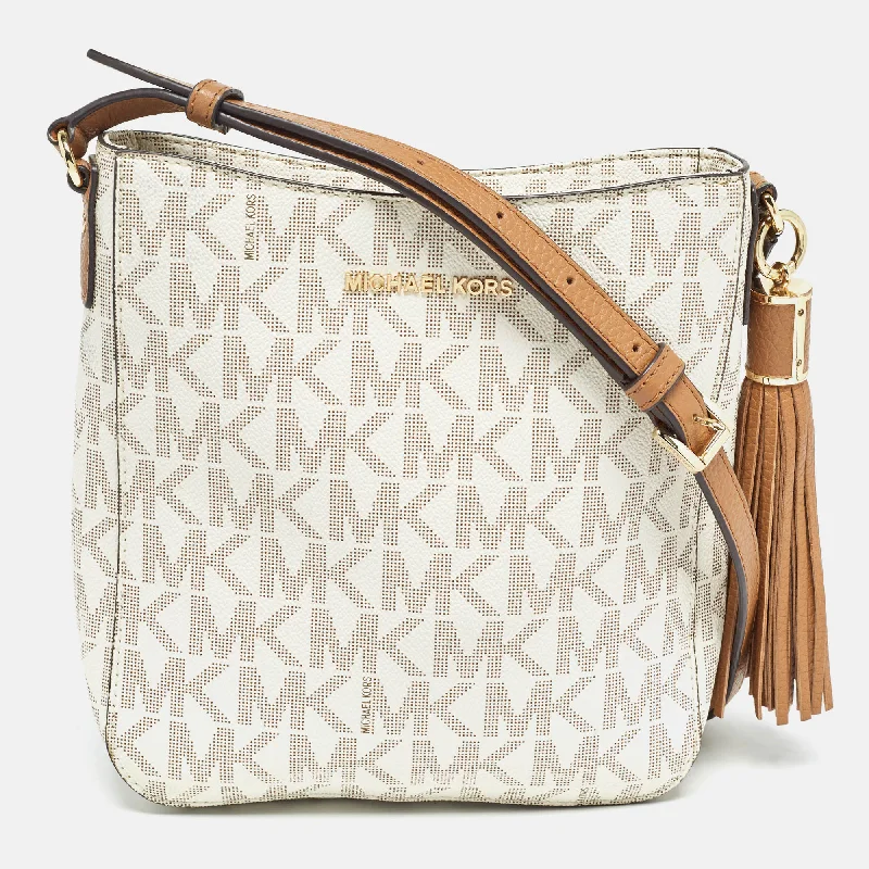 Michael Michael Kors Bags for photography workshops to hold camera equipmentWhite Signature Coated Canvas and Leather Tassel Messenger Bag