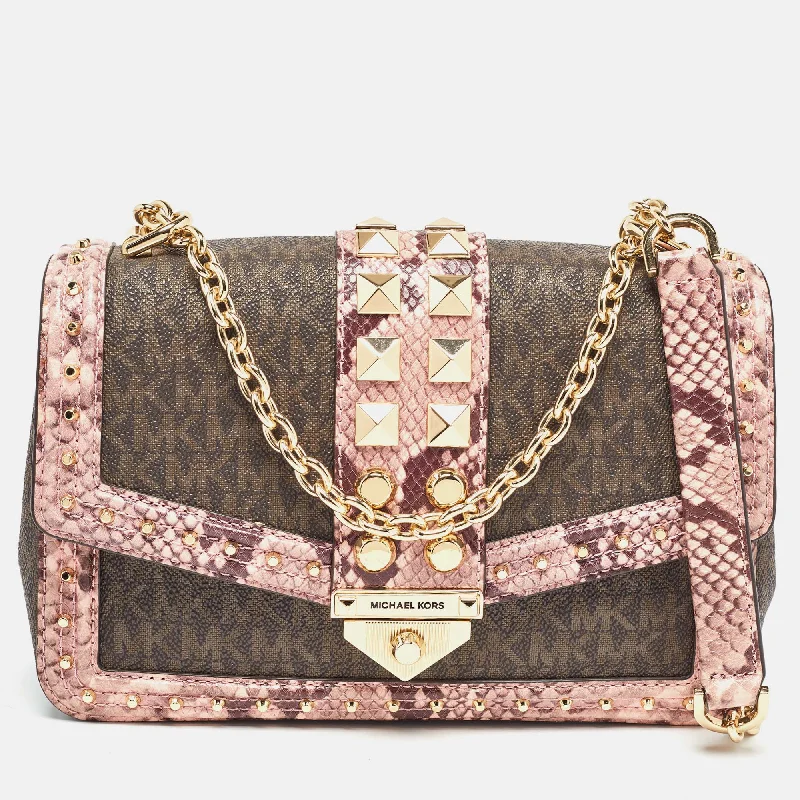 silver - accented Michael Michael Kors handbags for a modern edgeBrown/Pink Signature Coated Canvas & Python Embossed Large Studded Soho Shoulder Bag