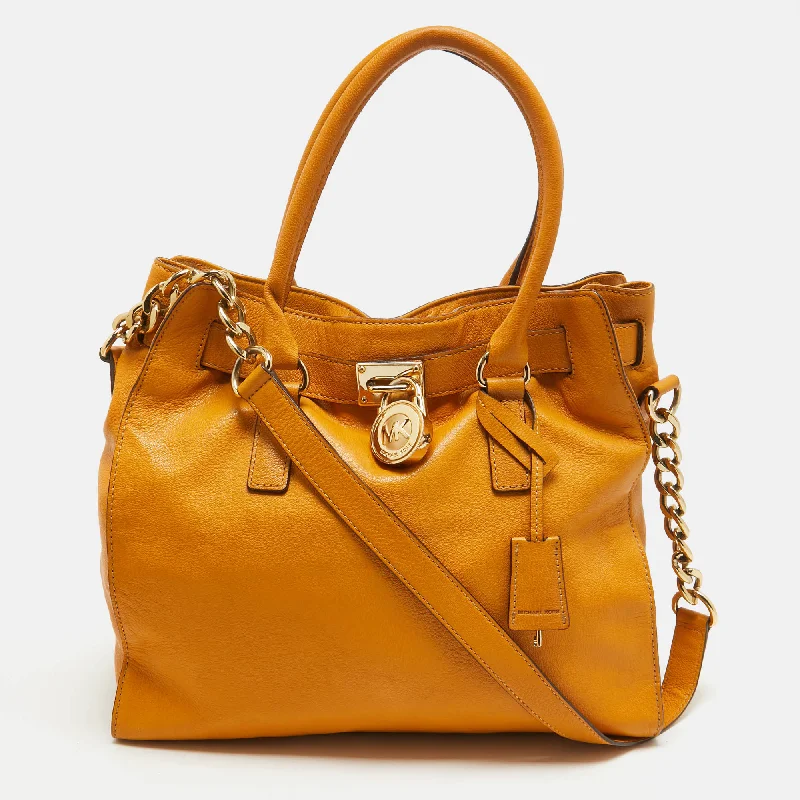 medium-sized Michael Michael Kors satchel bags for everyday office useMICHAEL Mustard Leather Large Hamilton North South Tote