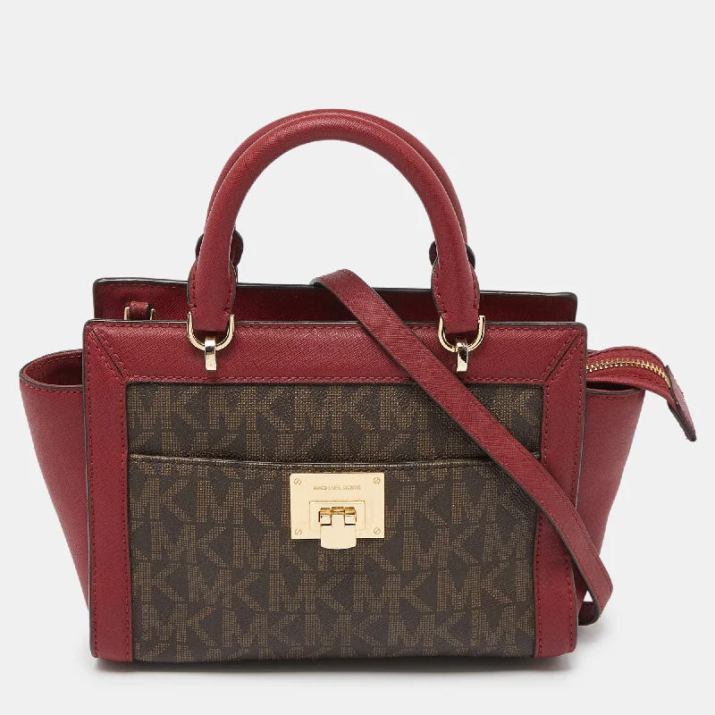 Michael Michael Kors Bags for couples traveling together in a coordinated styleBrown/Red Signature Coated Canvas and Leather Tina Tote