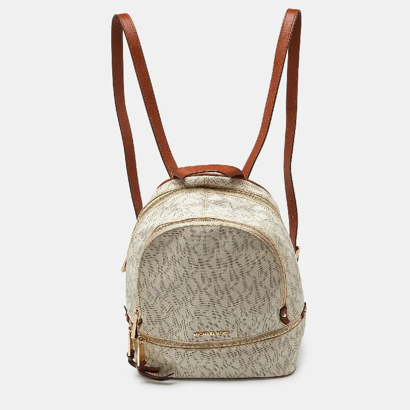 Michael Michael Kors Bags for charity fundraisers in a sophisticated and giving - spirit styleWhite/Tan Signature Coated Canvas and Leather Medium Rhea Backpack