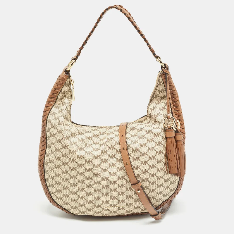 Michael Michael Kors Bags for backpackers who want a touch of luxuryBeige/Brown Signature Coated Canvas and Leather Lauryn Hobo