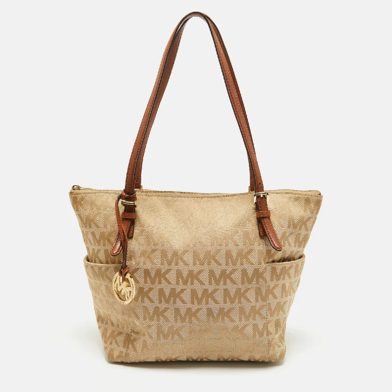 Michael Michael Kors Bags for cultural events in a style that reflects the occasionBeige/Brown Signature Canvas and Leather Jet Set Top Zip Tote