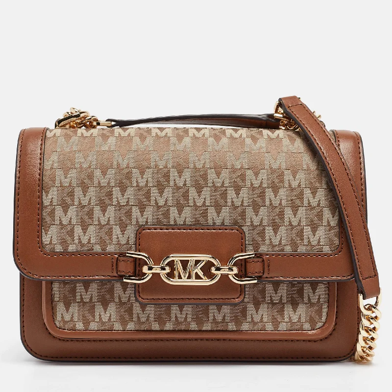 Michael Michael Kors Bags for meditation retreats in a simple and peaceful designBeige/Brown Signature Fabric and Leather Large Heather Shoulder Bag