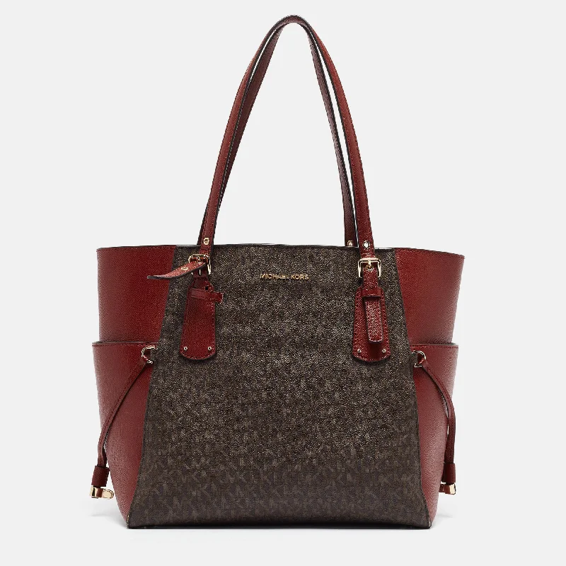 Michael Michael Kors Bags for cultural events in a style that reflects the occasionRed/Brown Signature Coated Canvas and Leather Voyager East West Tote