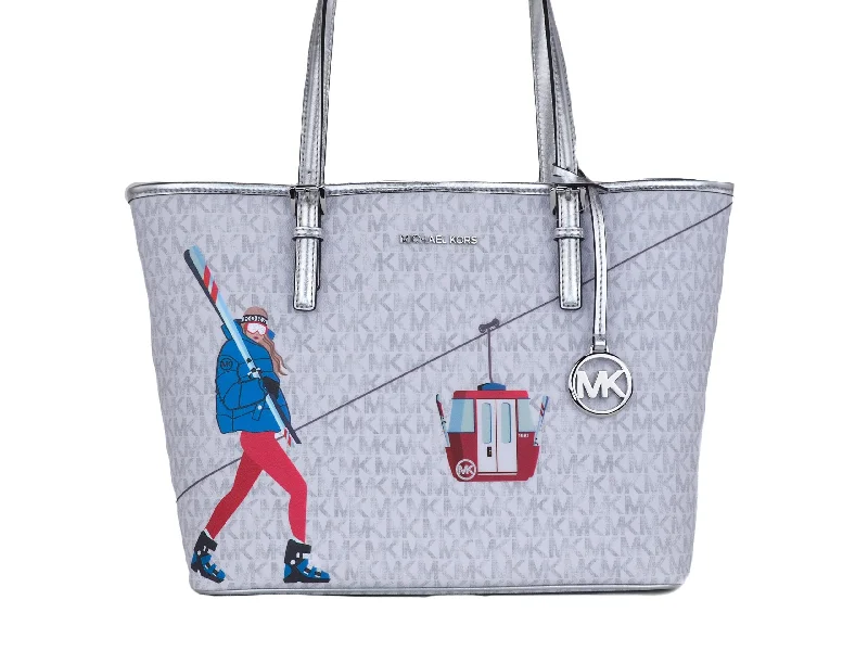 silver - accented Michael Michael Kors handbags for a modern edgeMichael Kors Jet Set Girls Print Medium Signature PVC Carryall Shoulder Tote Handbag (Bright White Multi)