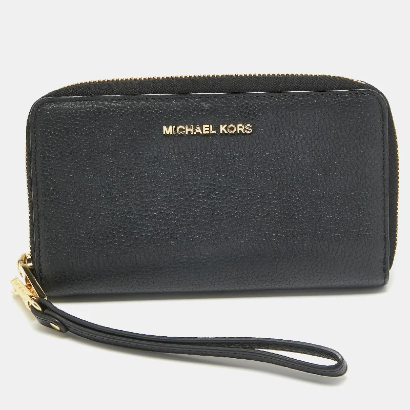 Michael Michael Kors Bags for film festivals in a red - carpet - worthy styleBlack Leather Logo Zip Around Wristlet Wallet