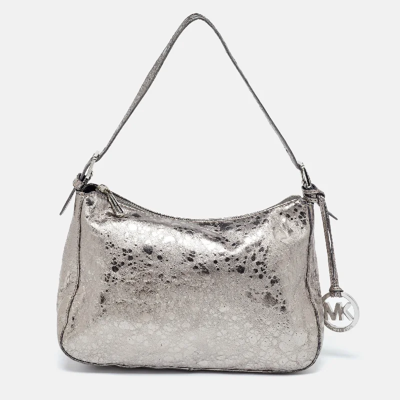 Michael Michael Kors Bags for backpackers who want a touch of luxuryMetallic Grey Textured Patent and Leather Logo Charm Shoulder Bag