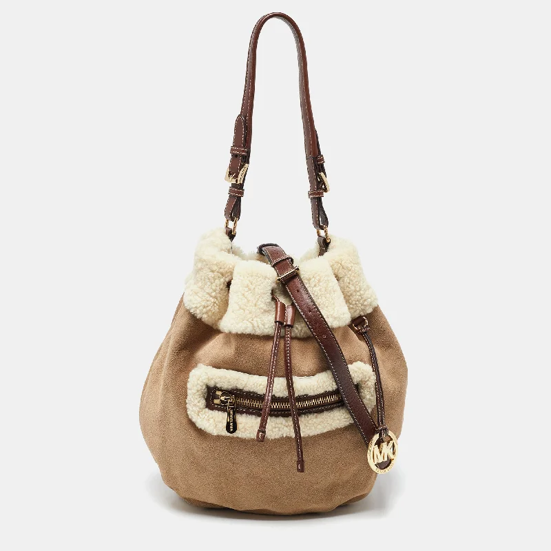 Michael Michael Kors Bags for family vacations to keep essentials organizedBeige/Brown Suede and Shearling Fur Bucket Bag