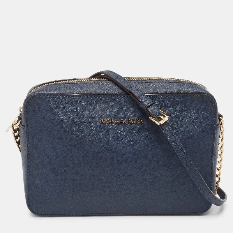 medium-sized Michael Michael Kors satchel bags for everyday office useDark Blue Leather Jet Set Camera Crossbody Bag