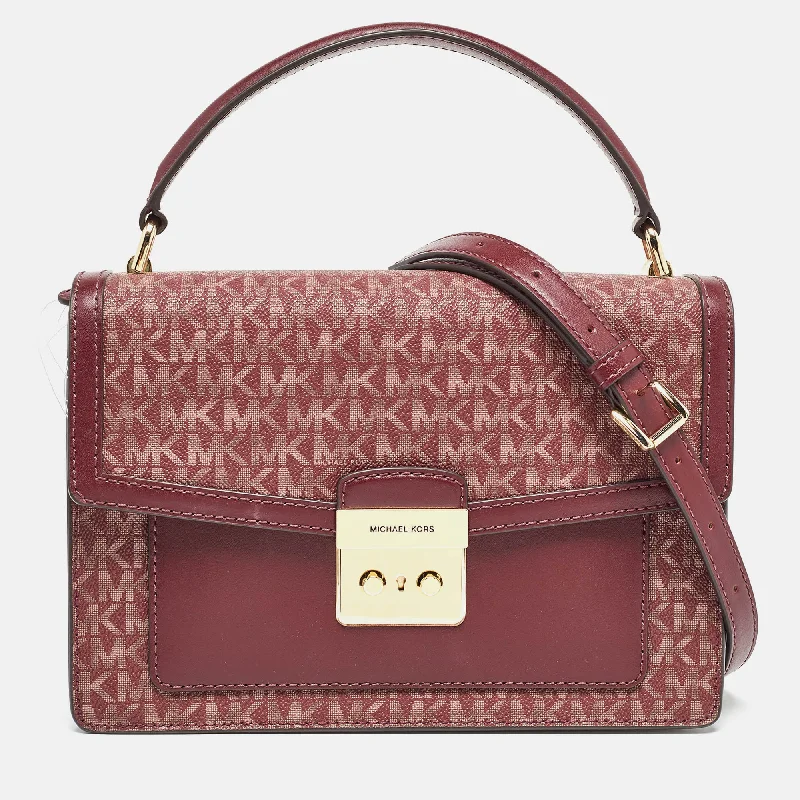 Michael Michael Kors evening bags with beaded detailsBurgundy Signature Coated Canvas Medium Johara Top Handle Bag