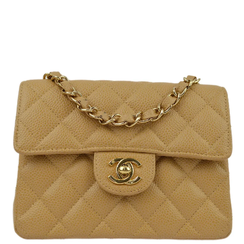 Chanel bags with leather and tweed combinationsChanel Beige Caviar Mini Classic Square Flap Shoulder Bag 17